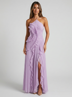 Women’s Pleated Halter Maxi Dress – Ruffle Wedding Guest Dress