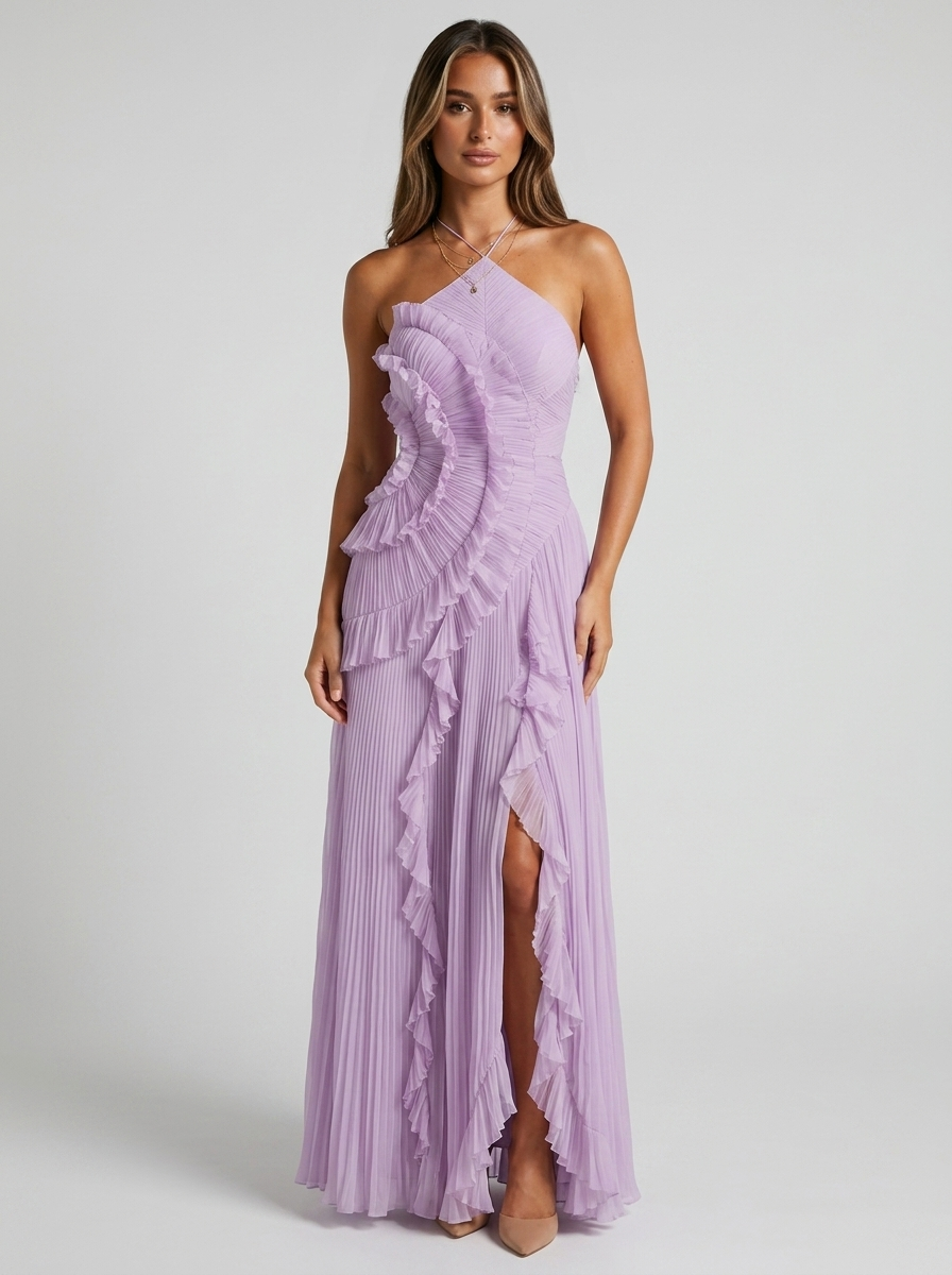 Women’s Pleated Halter Maxi Dress – Ruffle Wedding Guest Dress
