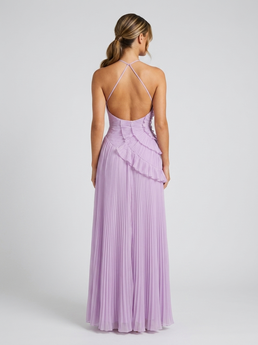 Women’s Pleated Halter Maxi Dress – Ruffle Wedding Guest Dress