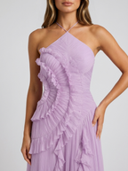 Women’s Pleated Halter Maxi Dress – Ruffle Wedding Guest Dress