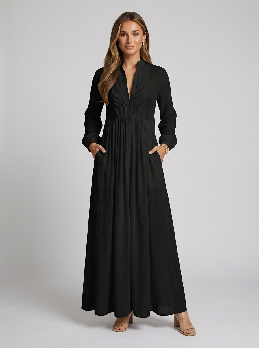 Women’s Button Front Maxi Dress – Long Sleeve Summer Dress