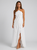 Women’s Pleated Halter Maxi Dress – Ruffle Wedding Guest Dress