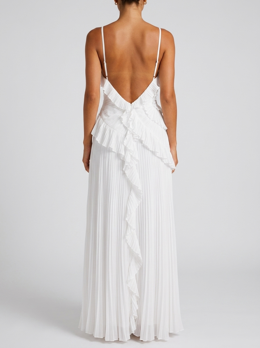 Women’s Pleated Halter Maxi Dress – Ruffle Wedding Guest Dress
