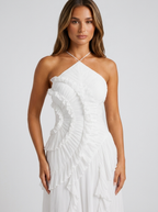 Women’s Pleated Halter Maxi Dress – Ruffle Wedding Guest Dress