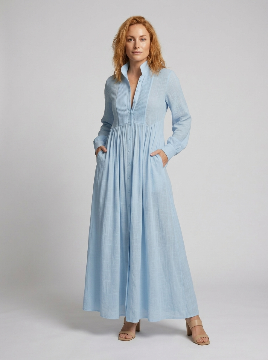 Women’s Button Front Maxi Dress – Long Sleeve Summer Dress