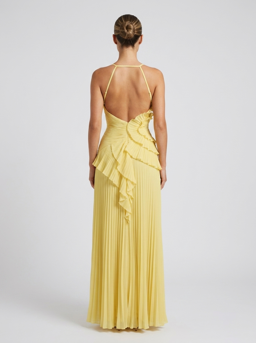 Women’s Pleated Halter Maxi Dress – Ruffle Wedding Guest Dress