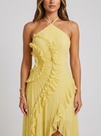 Women’s Pleated Halter Maxi Dress – Ruffle Wedding Guest Dress