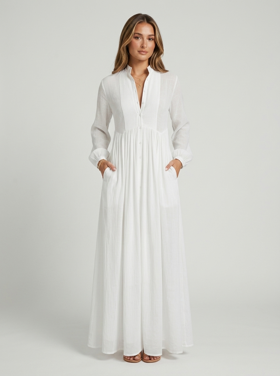 Women’s Button Front Maxi Dress – Long Sleeve Summer Dress
