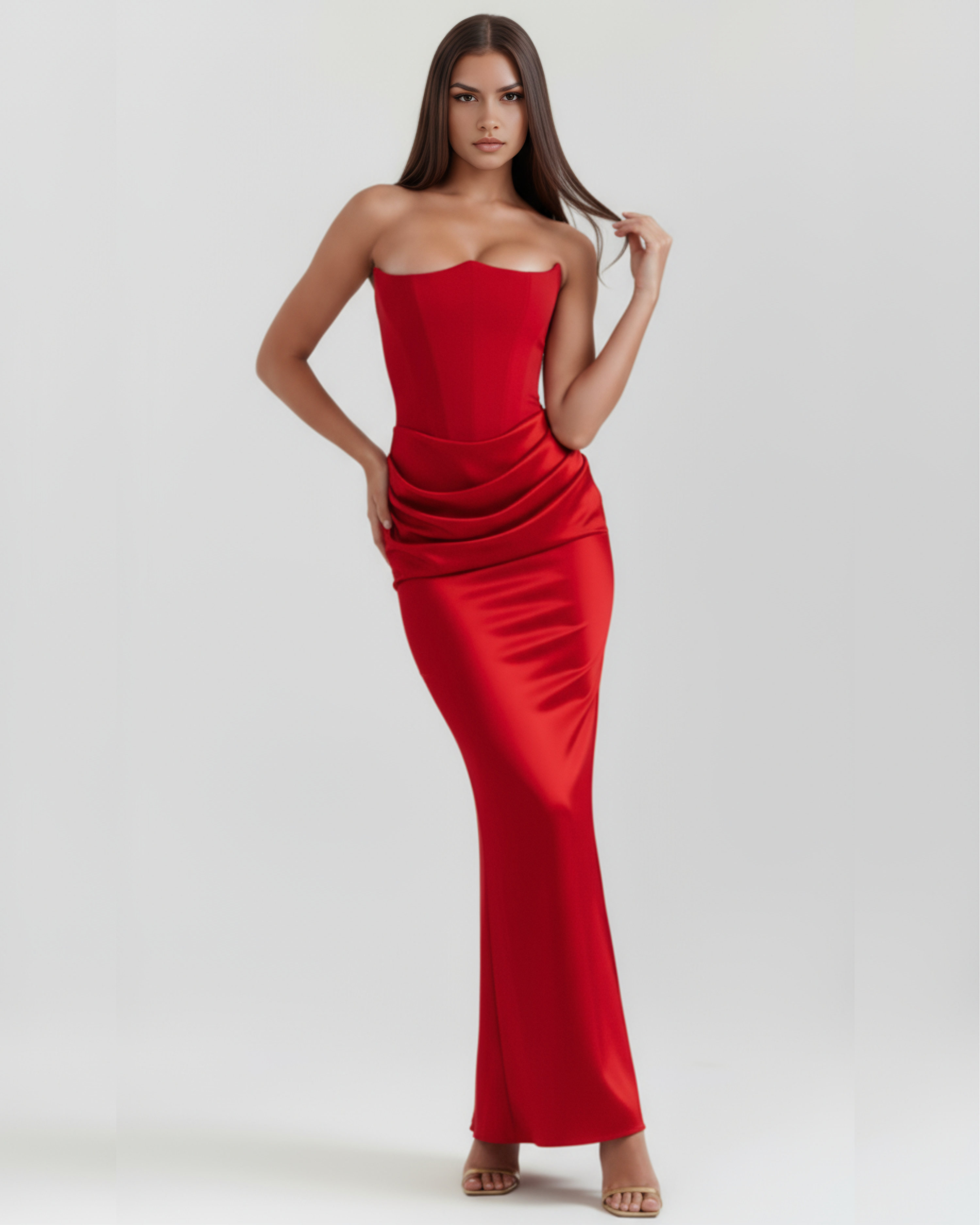 Women’s Strapless Corset Maxi Dress with Ruched Detail
