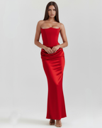 Women’s Strapless Corset Maxi Dress with Ruched Detail