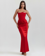 Women’s Strapless Corset Maxi Dress with Ruched Detail