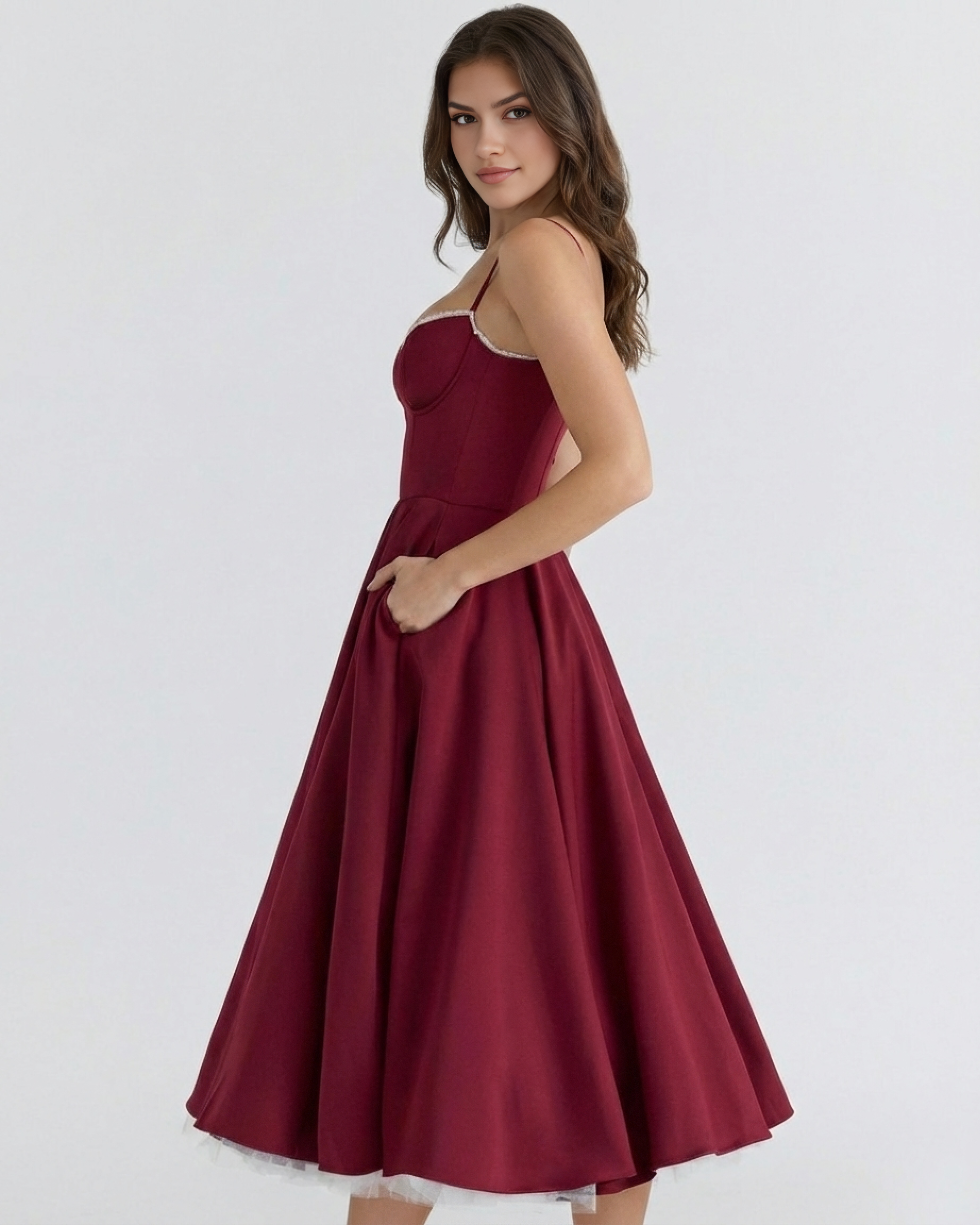Women’s Corset Midi Dress with Tulle Skirt