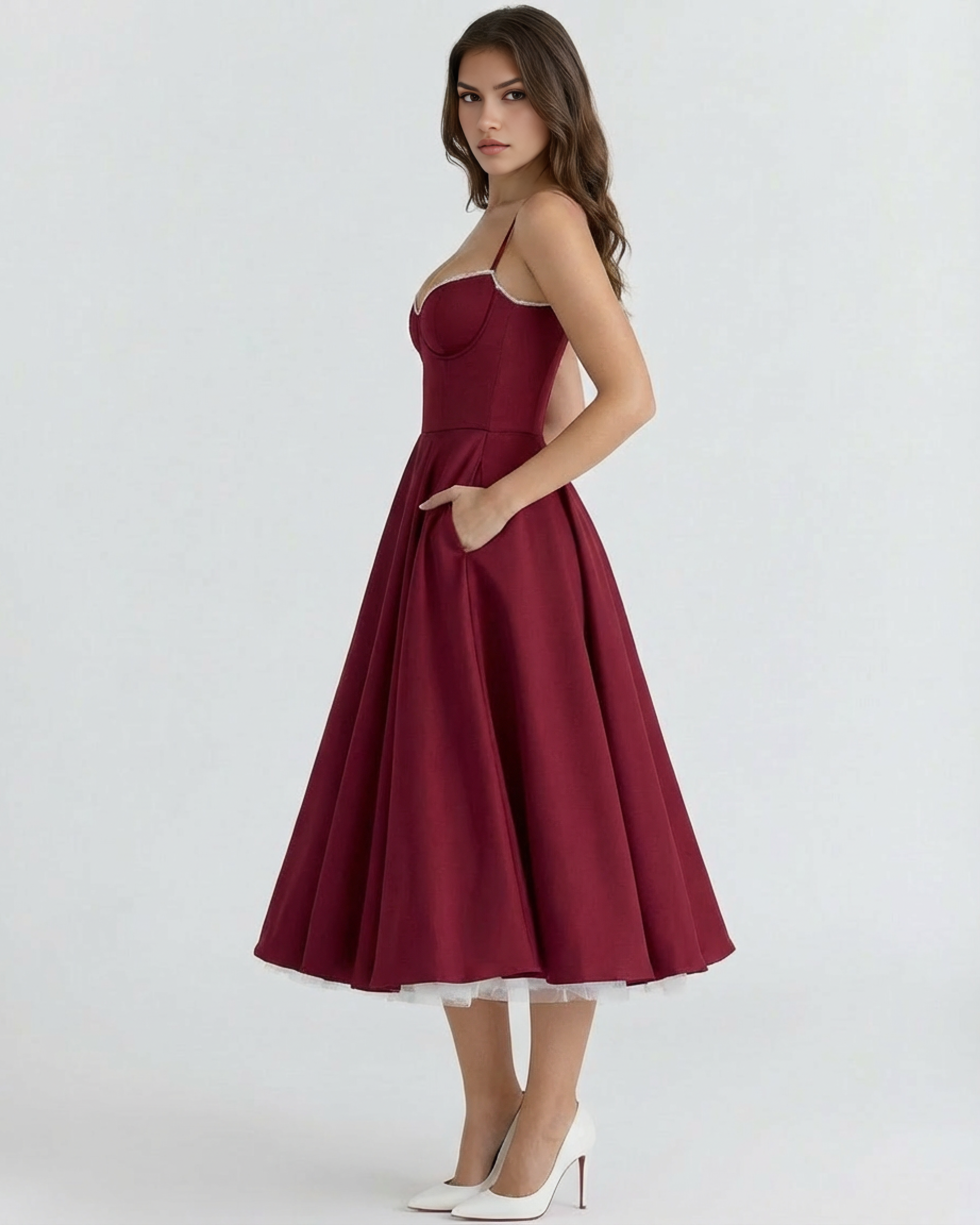 Women’s Corset Midi Dress with Tulle Skirt