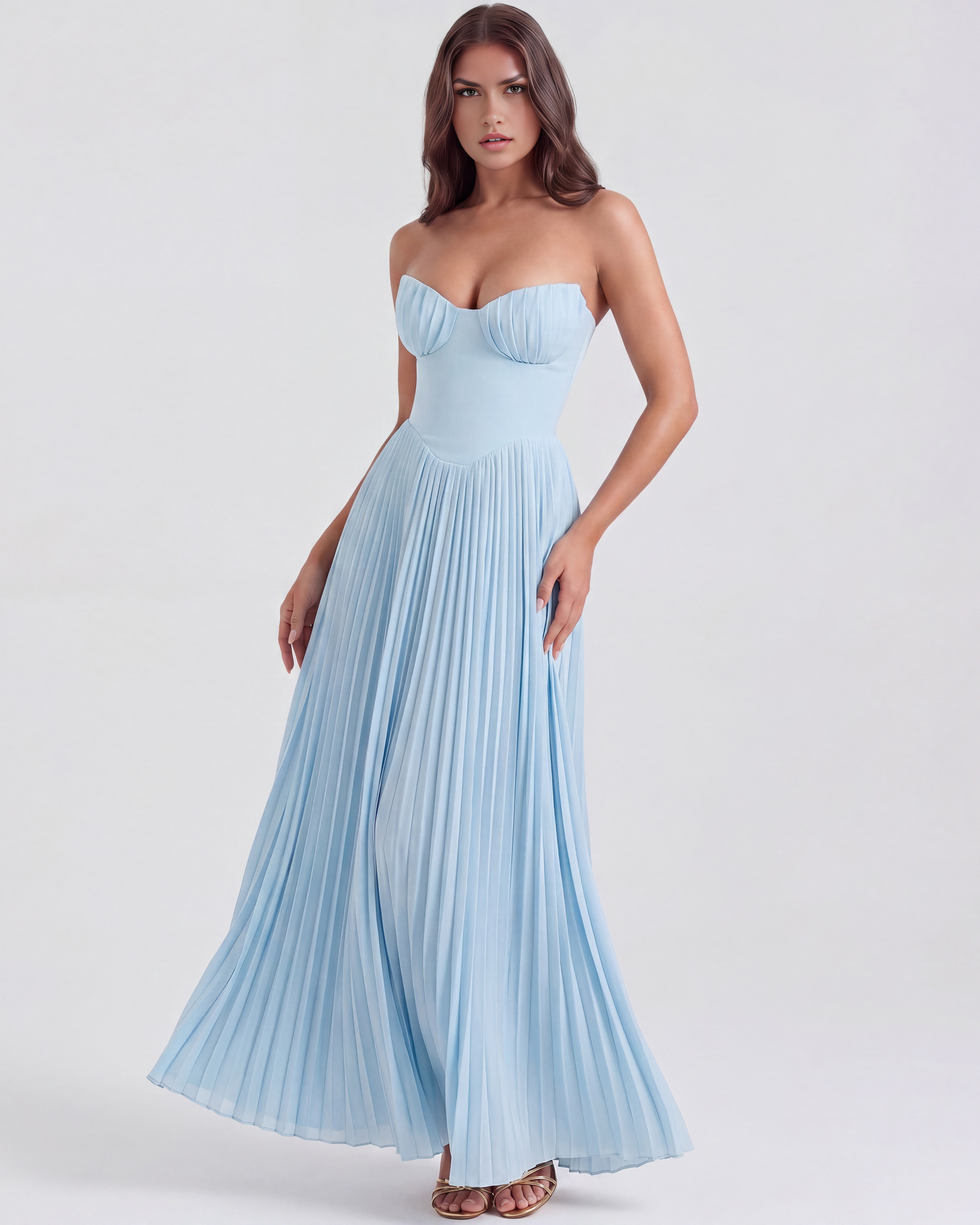 Women’s Strapless Pleated Maxi Dress with Corset Bodice