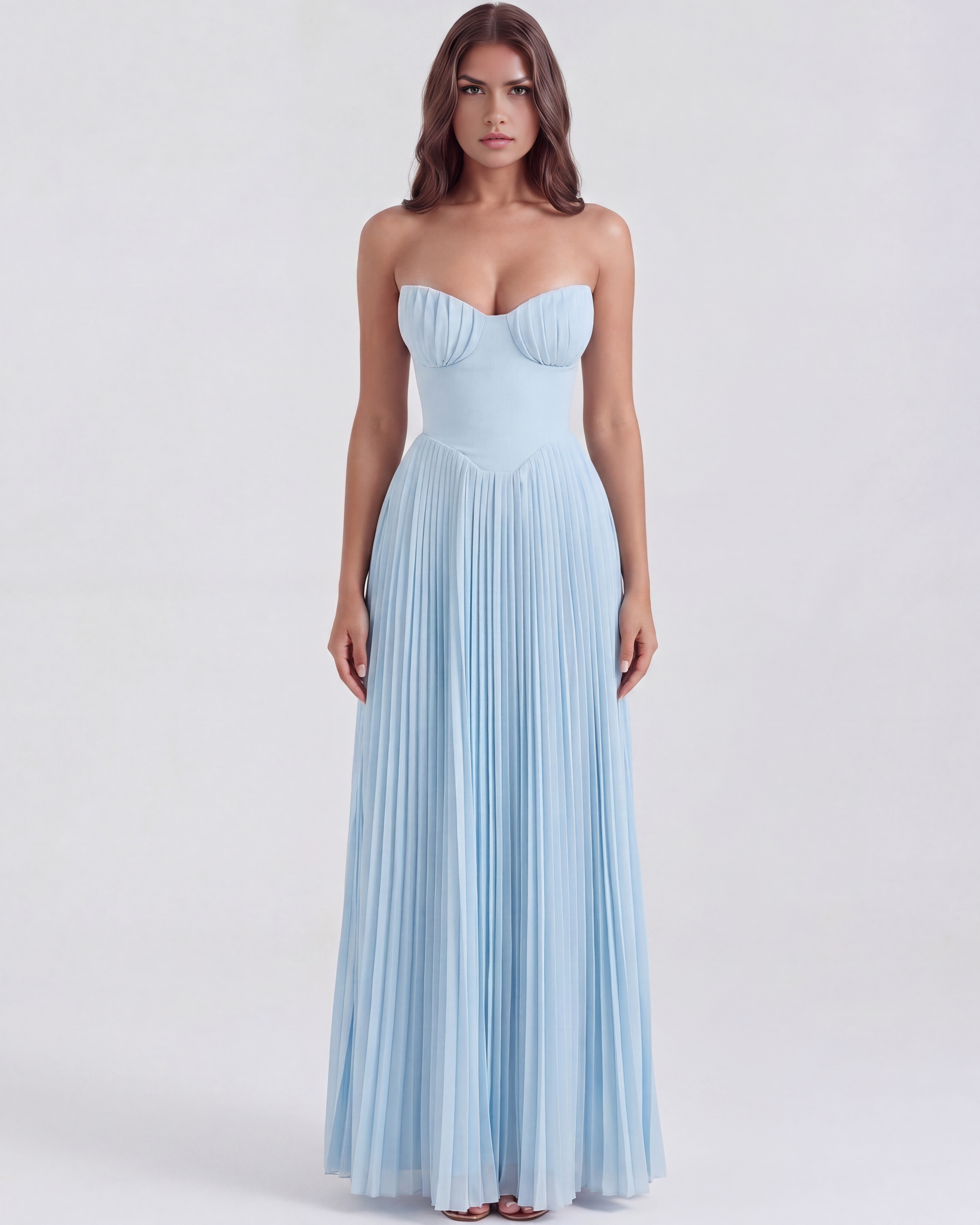 Women’s Strapless Pleated Maxi Dress with Corset Bodice