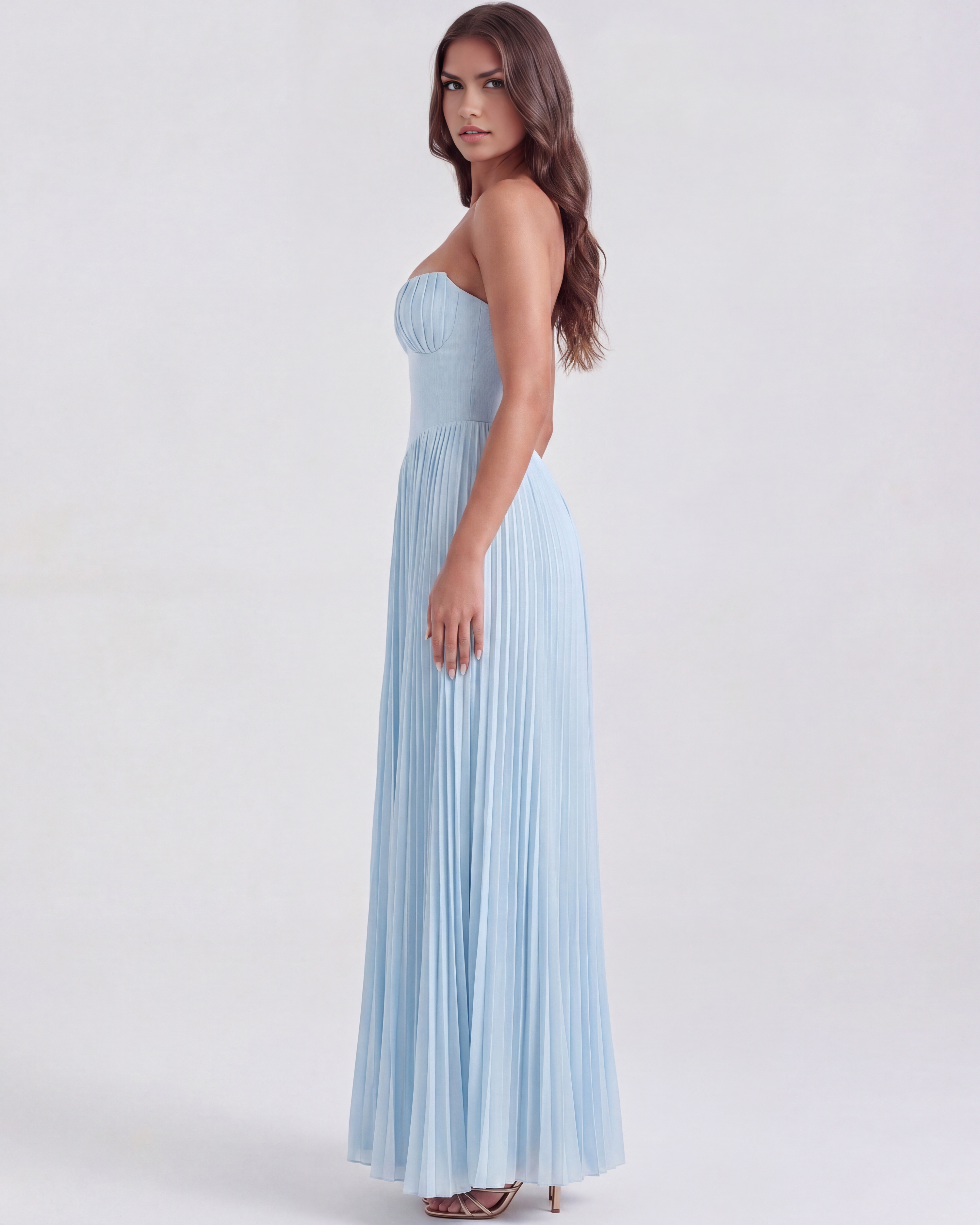 Women’s Strapless Pleated Maxi Dress with Corset Bodice