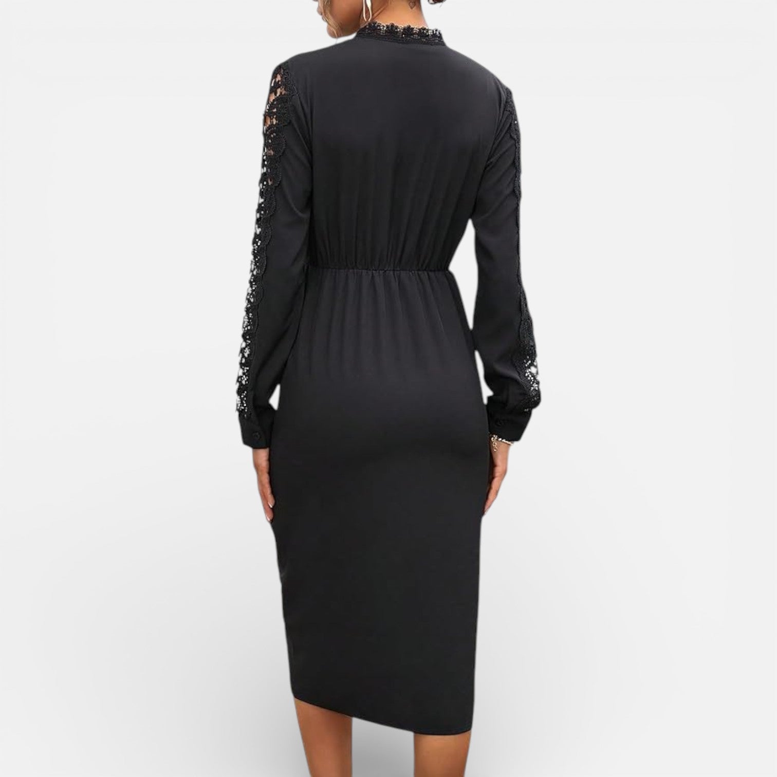 Felorro | Women’s Black Midi Dress Lace Sleeves Elegant Slim Fit