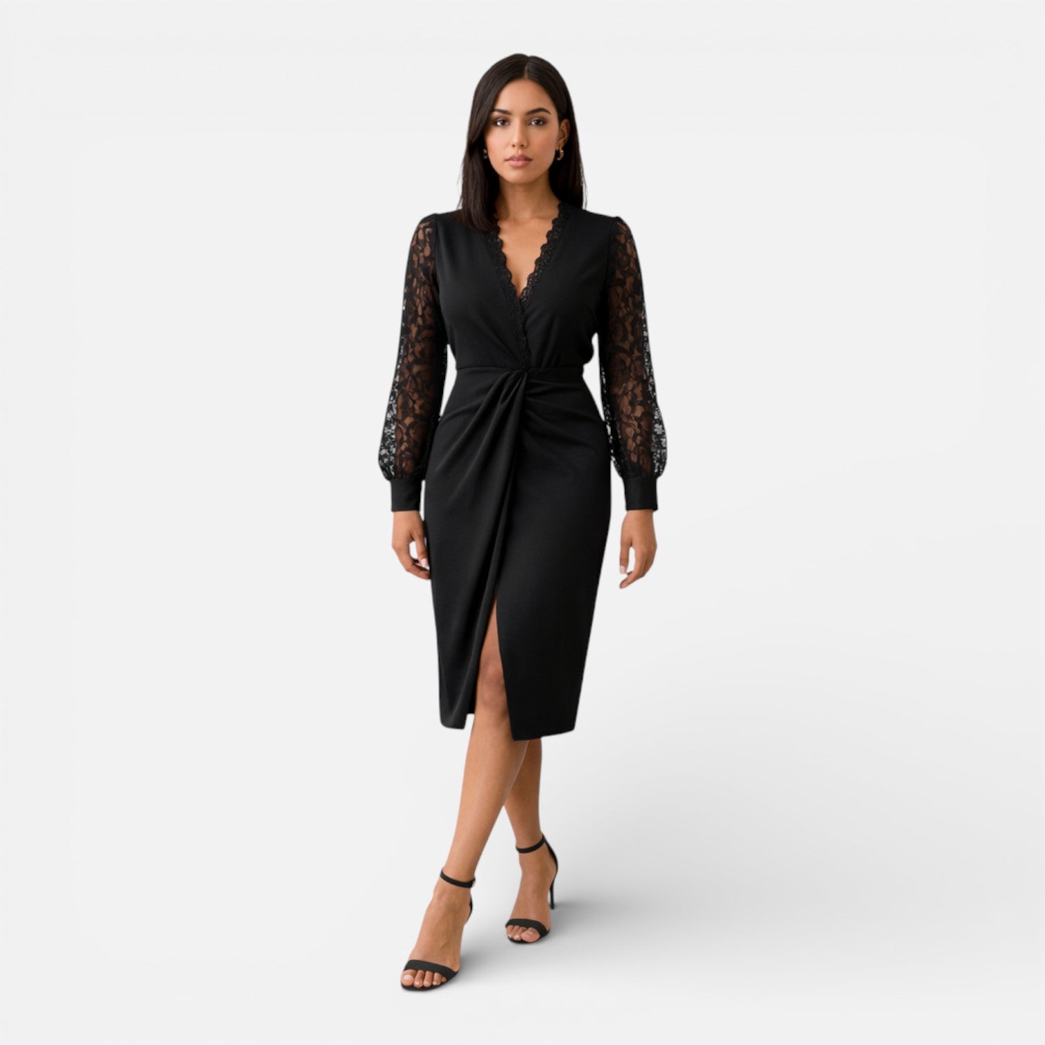 Felorro | Women’s Black Midi Dress Lace Sleeves Elegant Slim Fit