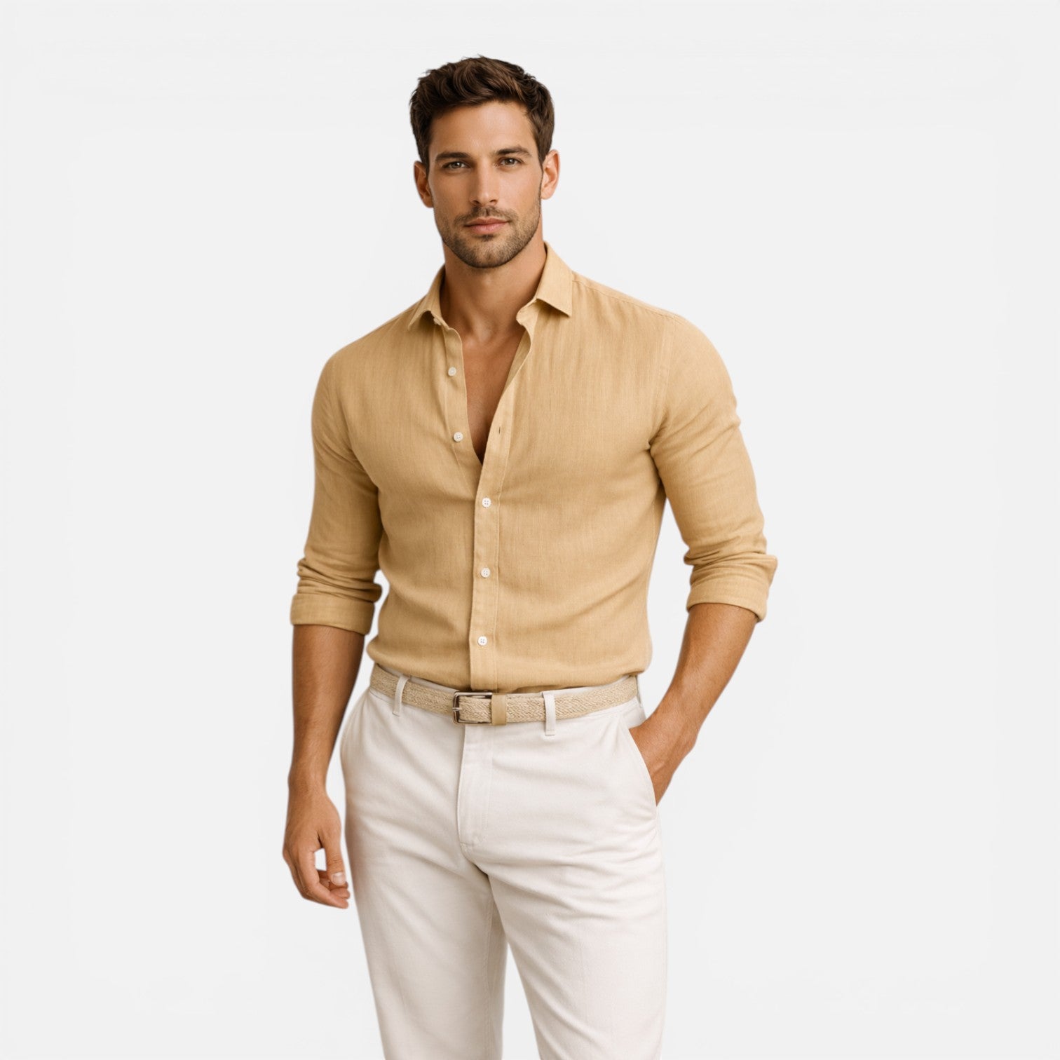 Felorro | Men’s Linen Cotton Blend Shirt Slim Fit Breathable Button Down
