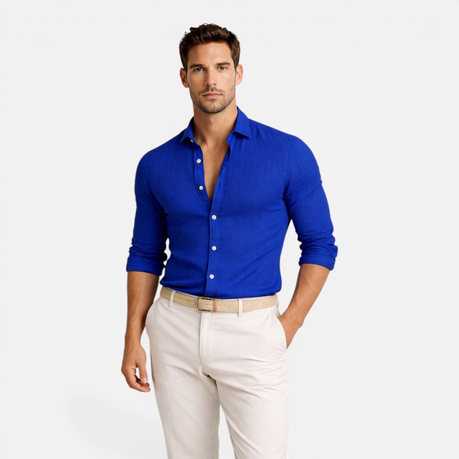 Felorro | Men’s Linen Cotton Blend Shirt Slim Fit Breathable Button Down