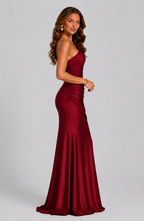 Women's One Shoulder Satin Maxi Dress with Draped Waist