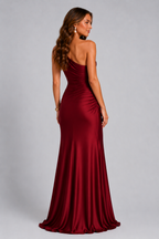 Women's One Shoulder Satin Maxi Dress with Draped Waist
