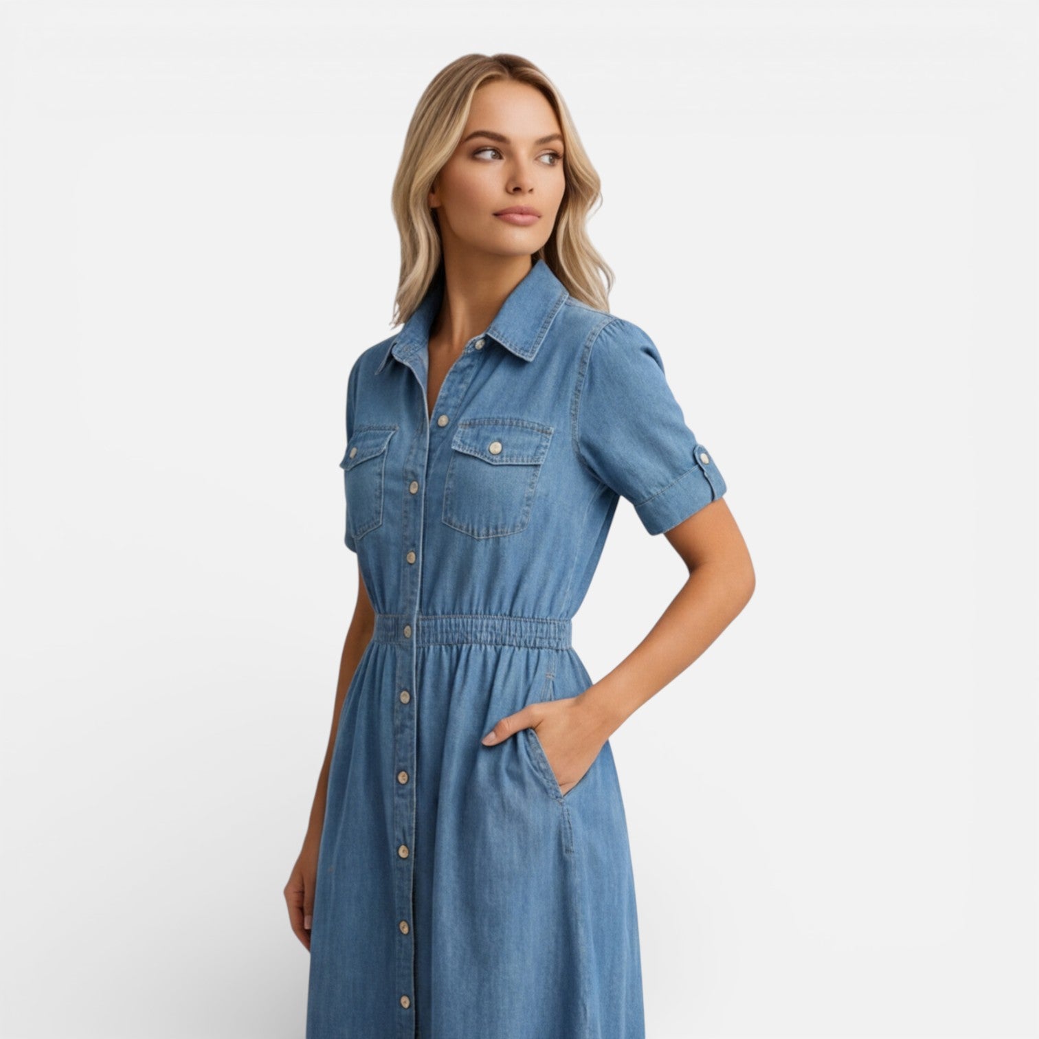 Women’s Denim Shirt Dress Midi Button Front Casual Comfort