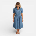 Women’s Denim Shirt Dress Midi Button Front Casual Comfort