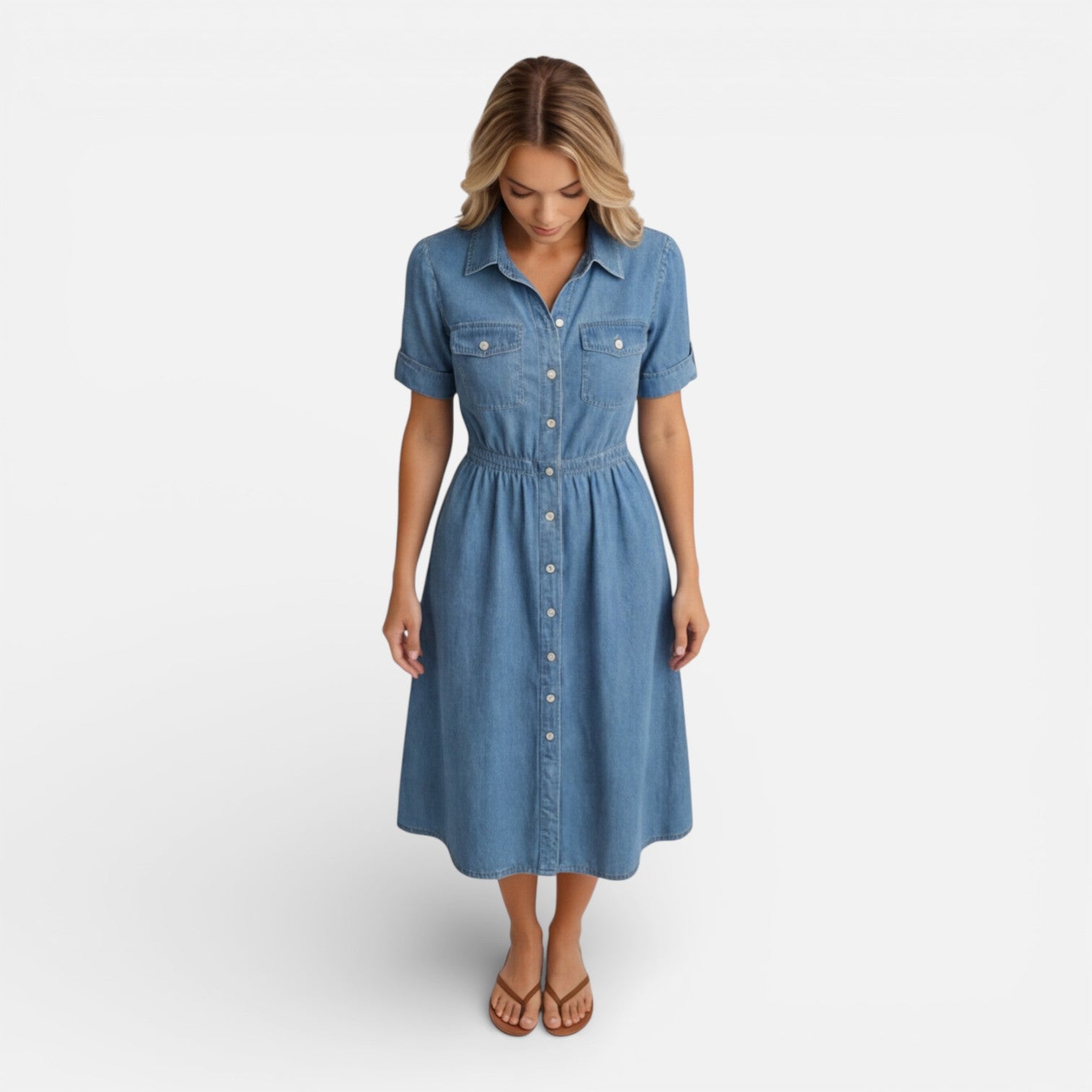 Women’s Denim Shirt Dress Midi Button Front Casual Comfort