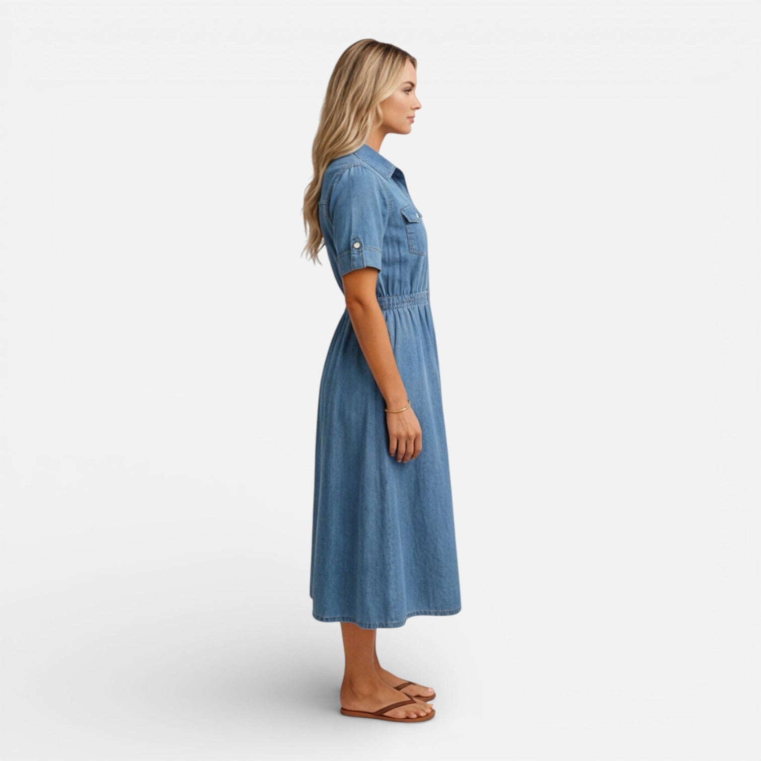 Women’s Denim Shirt Dress Midi Button Front Casual Comfort