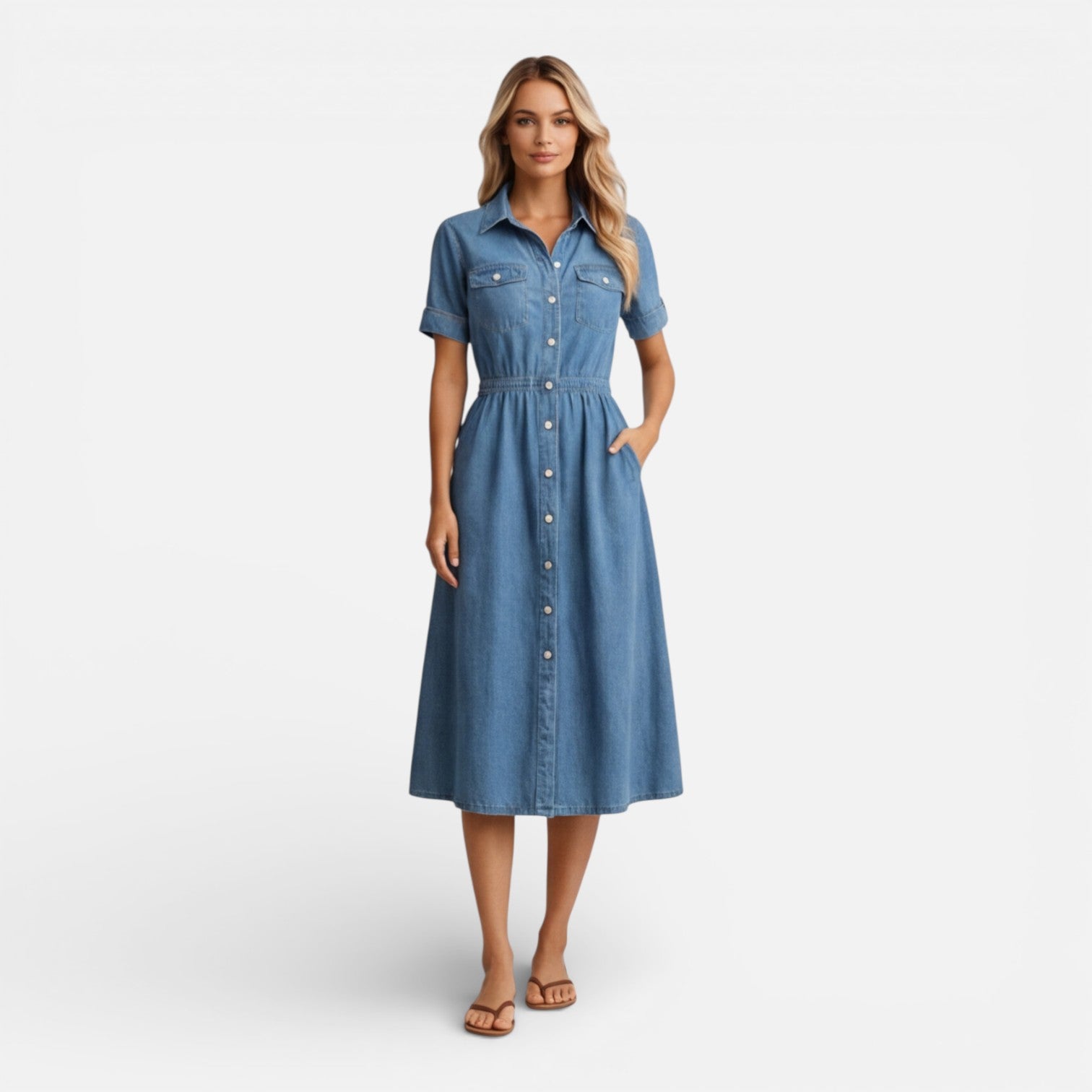 Women’s Denim Shirt Dress Midi Button Front Casual Comfort