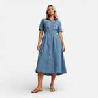 Women’s Denim Shirt Dress Midi Button Front Casual Comfort