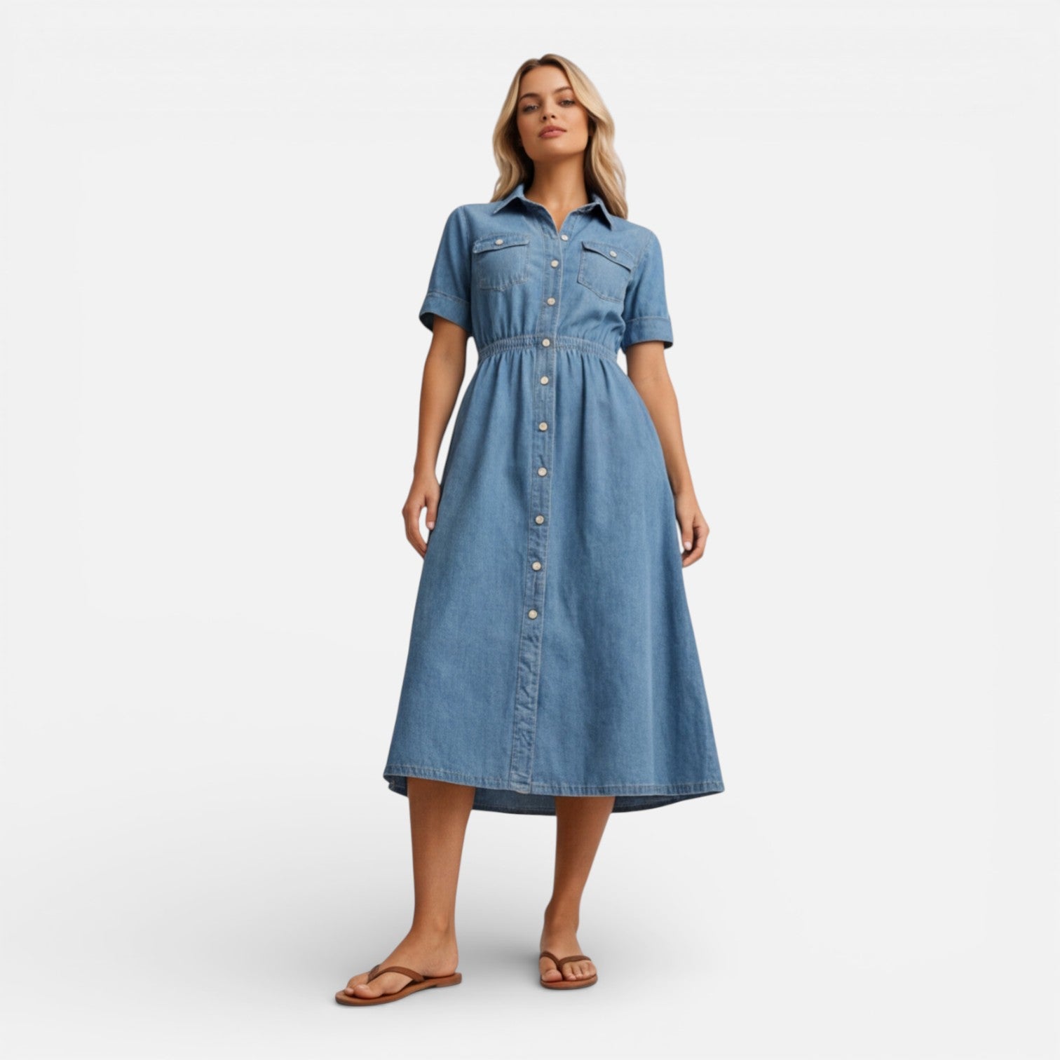 Women’s Denim Shirt Dress Midi Button Front Casual Comfort