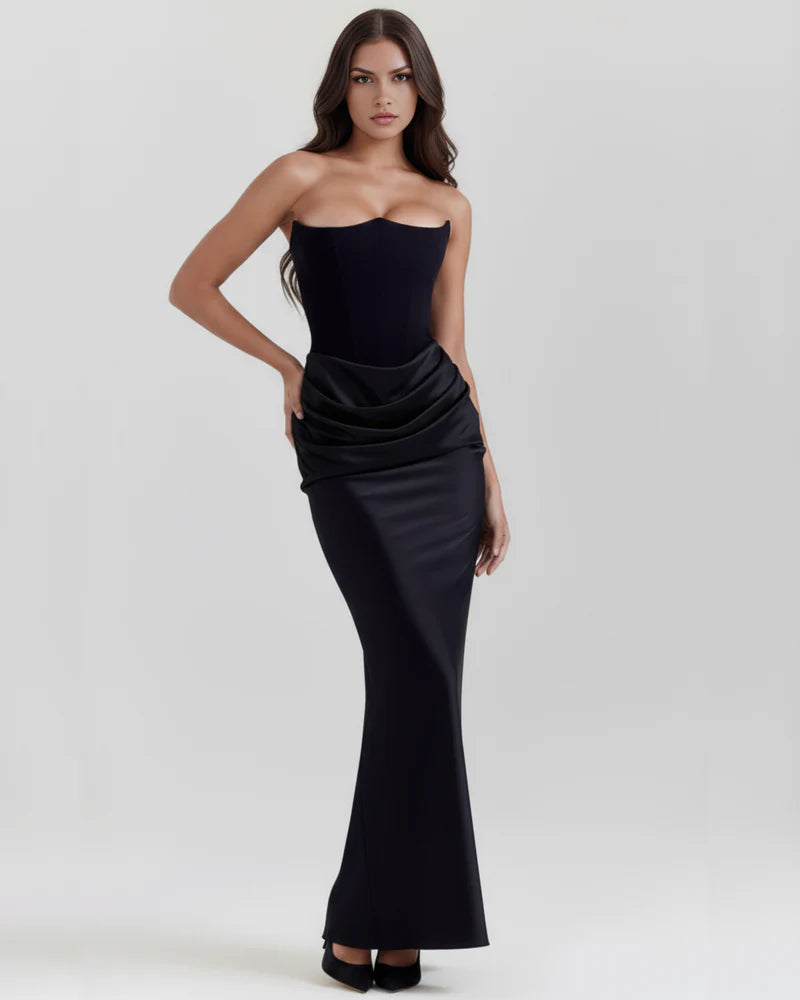 Women’s Strapless Corset Maxi Dress with Ruched Detail