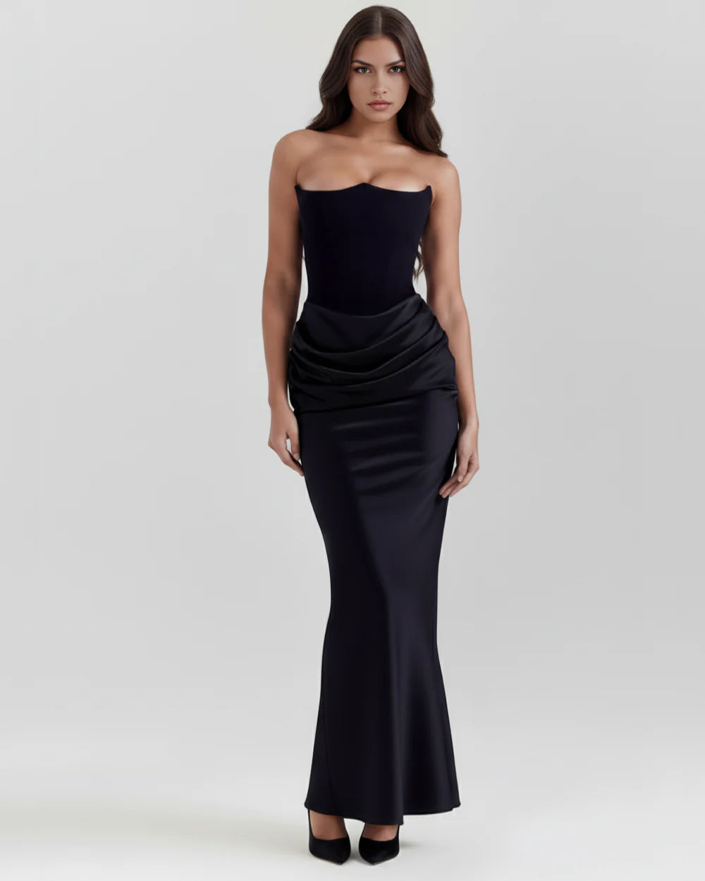 Women’s Strapless Corset Maxi Dress with Ruched Detail