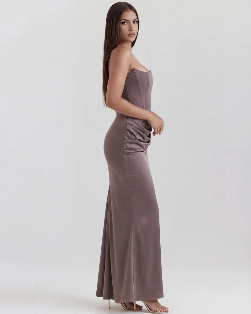 Women’s Strapless Corset Maxi Dress with Ruched Detail