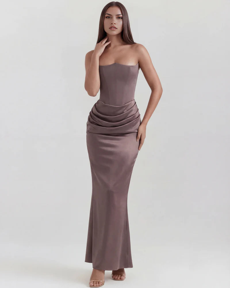 Women’s Strapless Corset Maxi Dress with Ruched Detail
