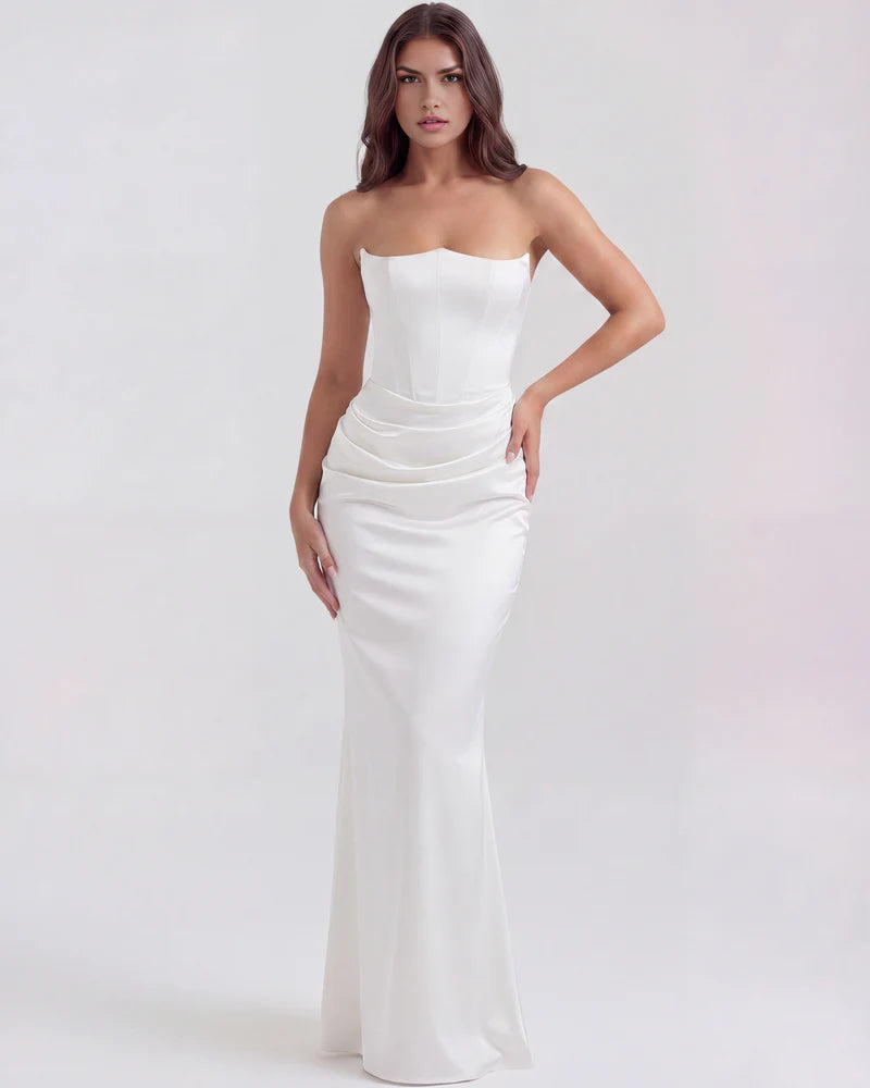 Women’s Strapless Corset Maxi Dress with Ruched Detail