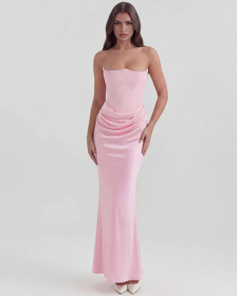 Women’s Strapless Corset Maxi Dress with Ruched Detail