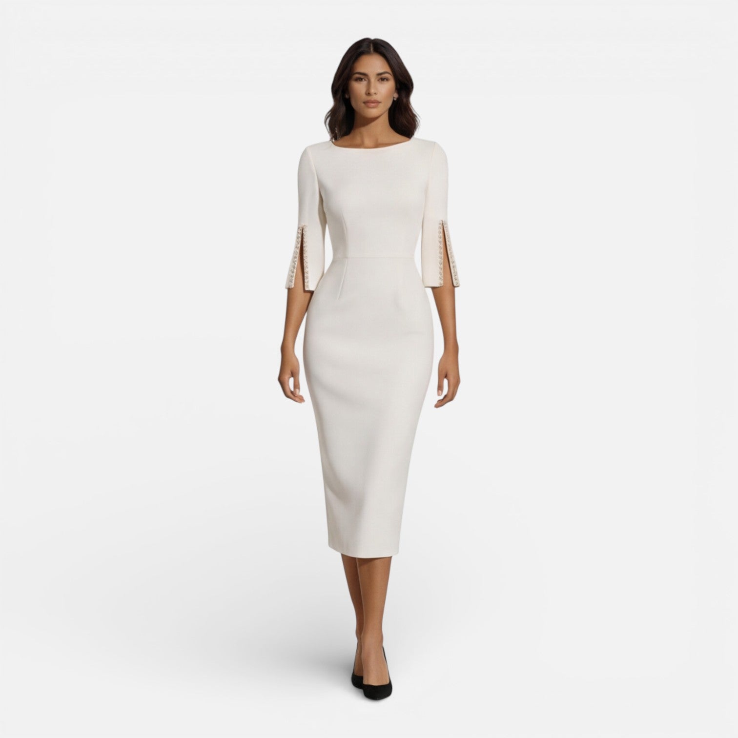 Women’s Elegant Midi Sheath Dress – Tailored Slim Fit Split Sleeve