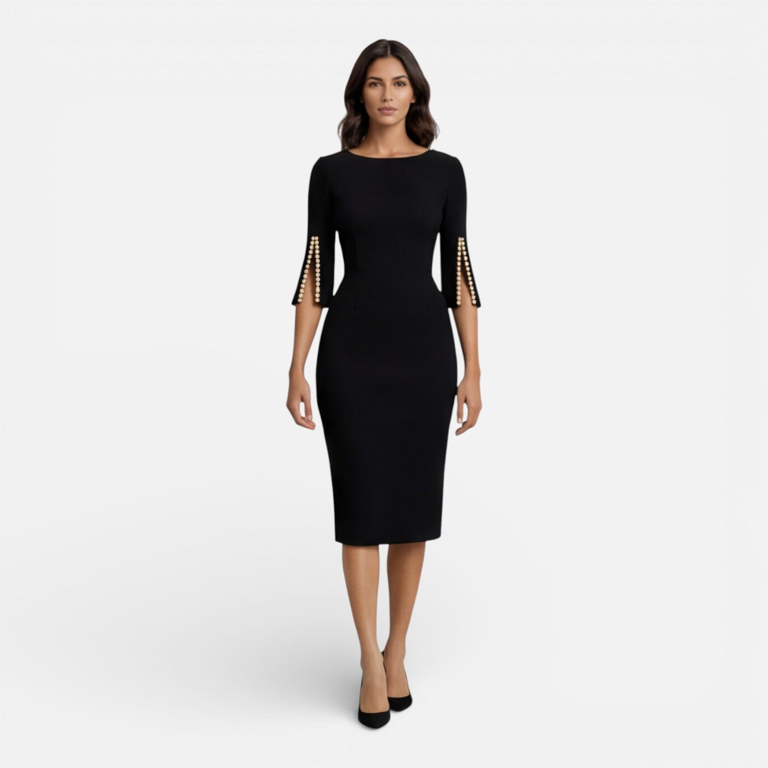 Women’s Elegant Midi Sheath Dress – Tailored Slim Fit Split Sleeve
