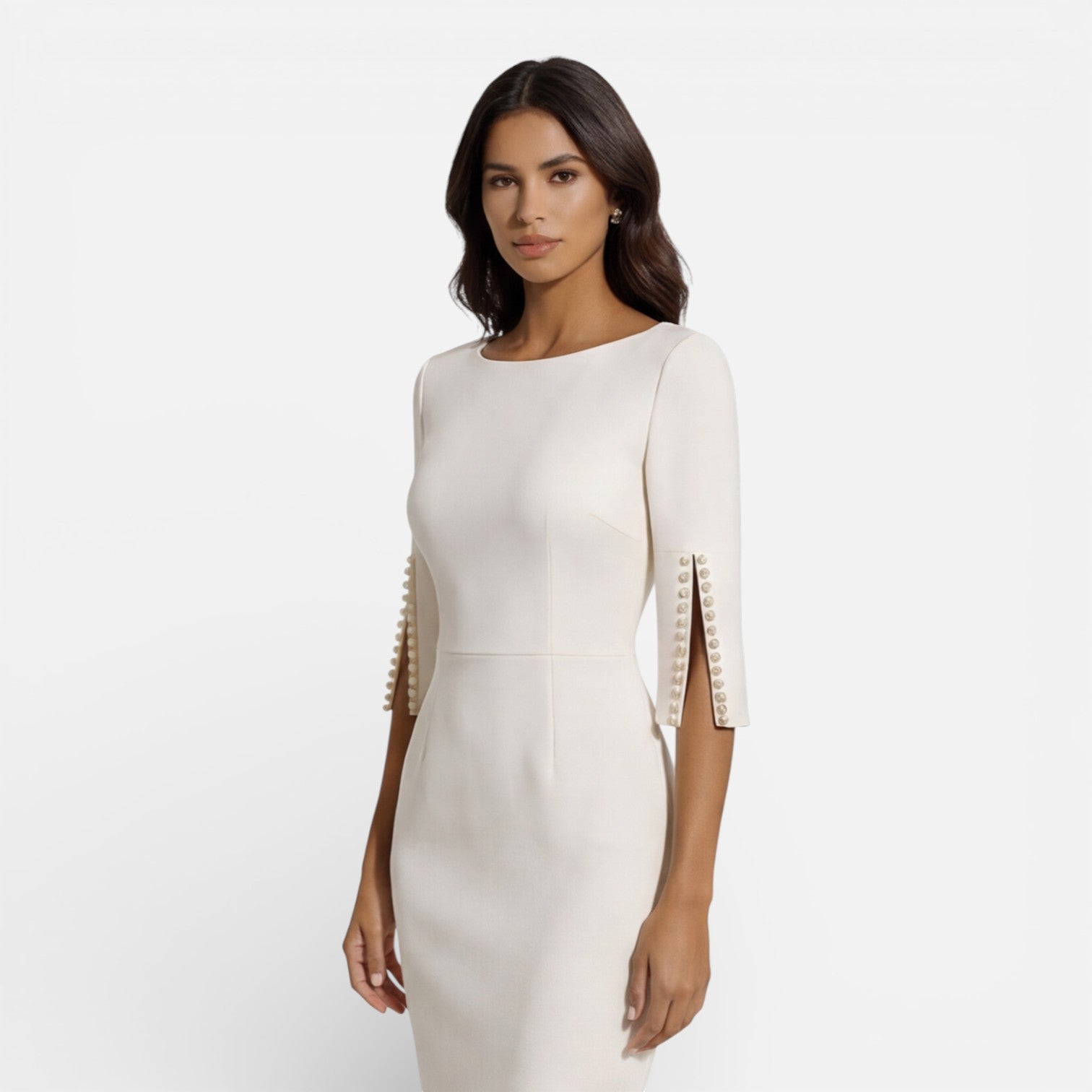 Women’s Elegant Midi Sheath Dress – Tailored Slim Fit Split Sleeve