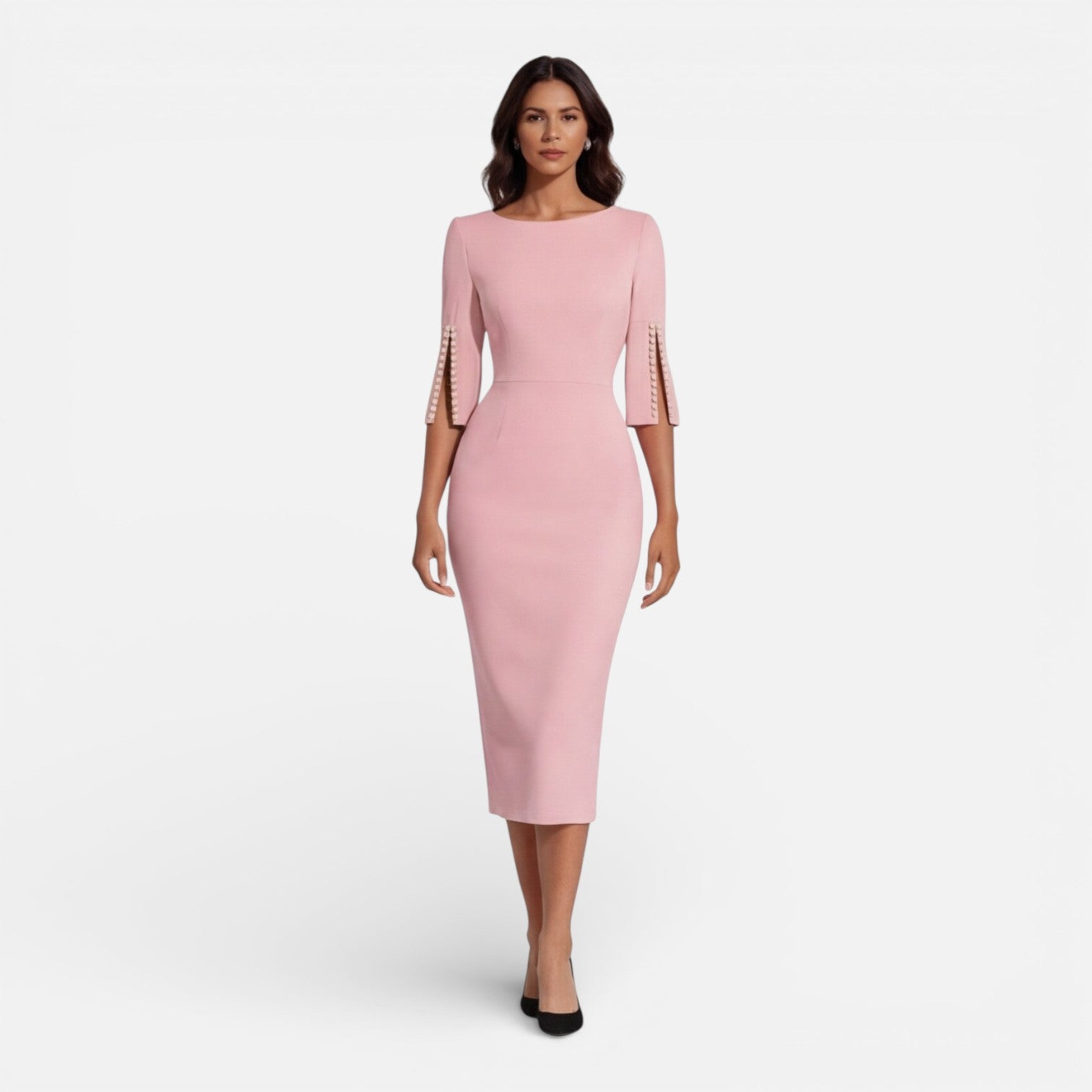 Women’s Elegant Midi Sheath Dress – Tailored Slim Fit Split Sleeve