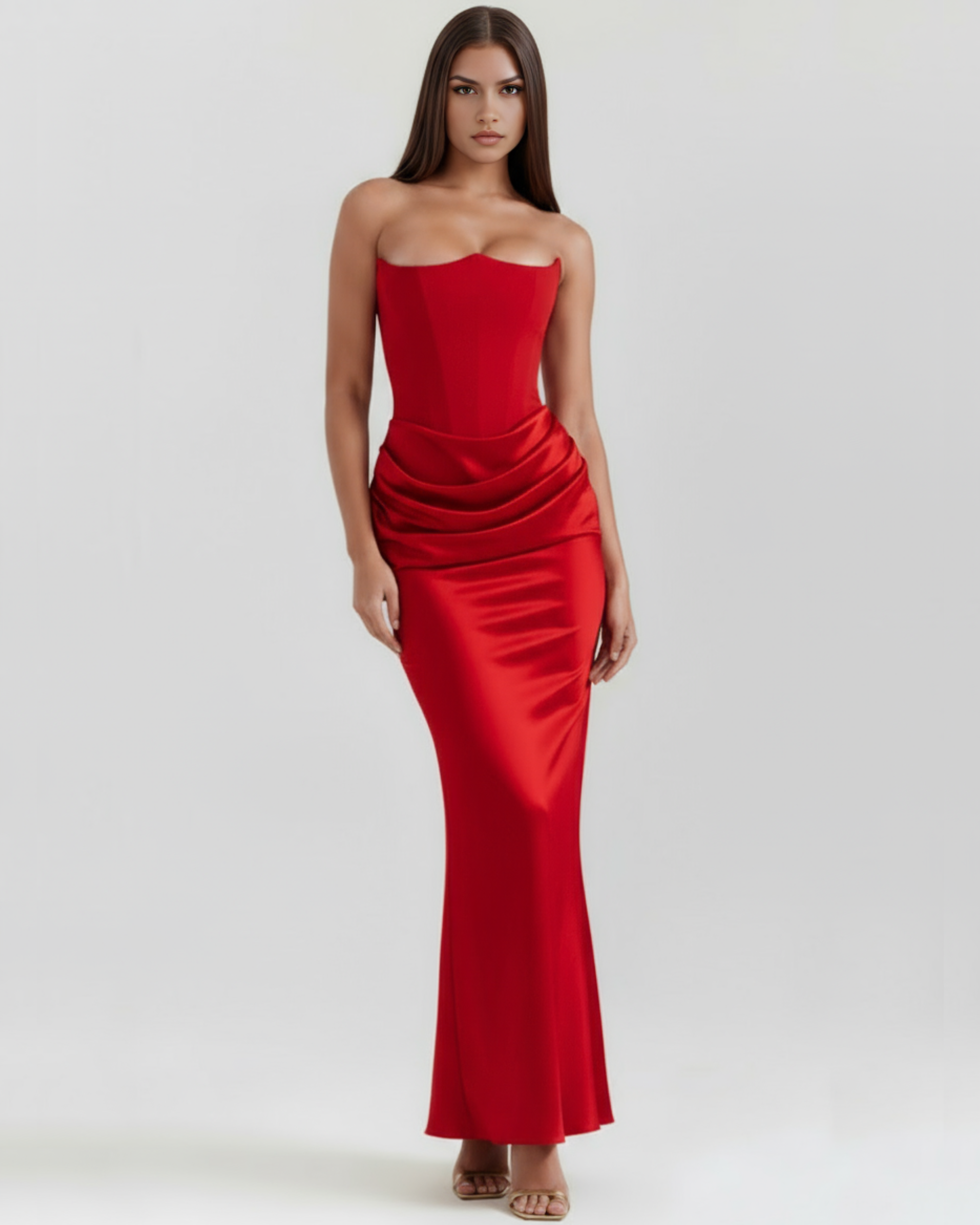 Women’s Strapless Corset Maxi Dress with Ruched Detail