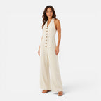 Felorro | Women’s Sleeveless Halter Neck Wide Leg Jumpsuit with Buttons