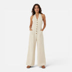 Felorro | Women’s Sleeveless Halter Neck Wide Leg Jumpsuit with Buttons