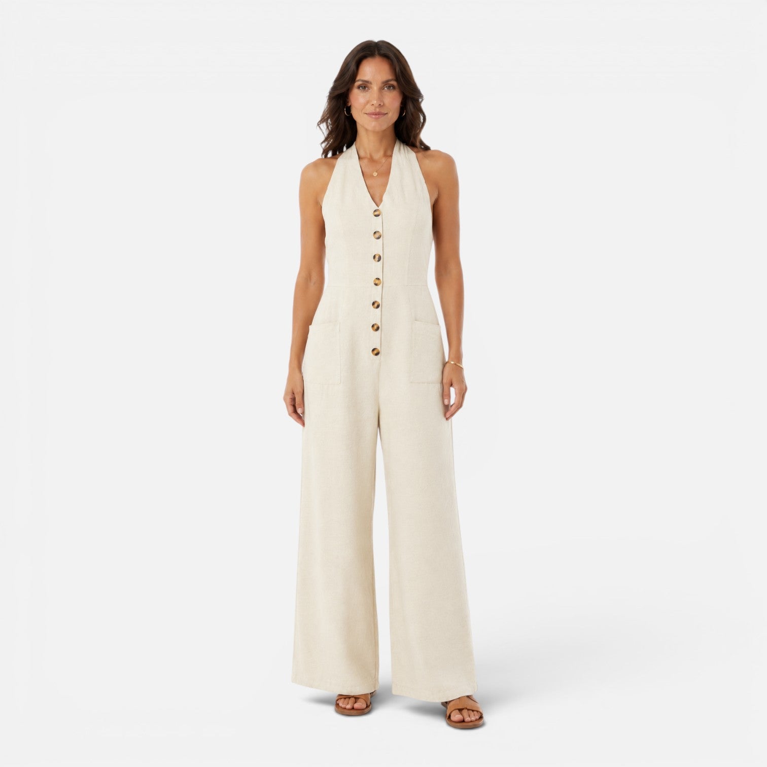 Felorro | Women’s Sleeveless Halter Neck Wide Leg Jumpsuit with Buttons