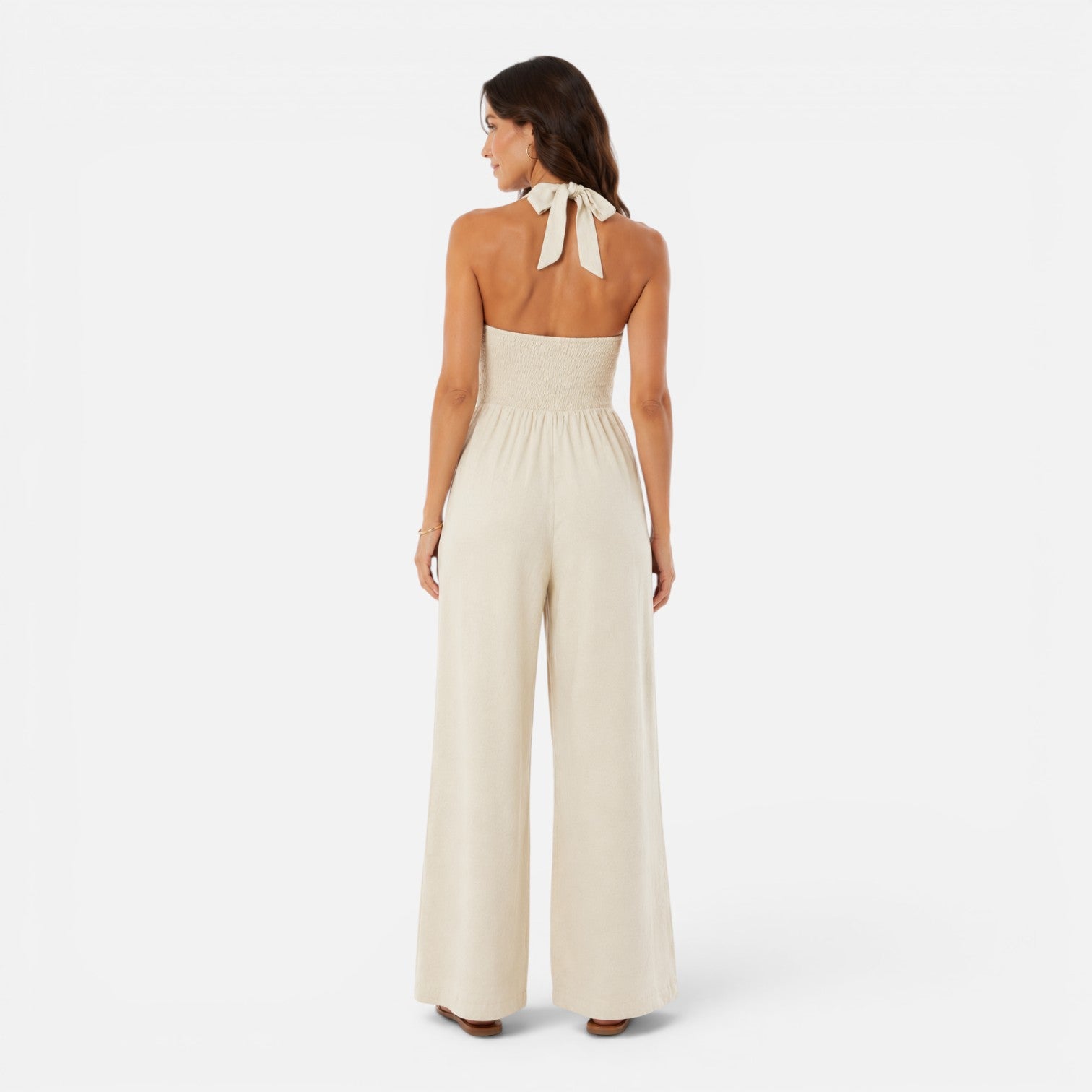 Felorro | Women’s Sleeveless Halter Neck Wide Leg Jumpsuit with Buttons