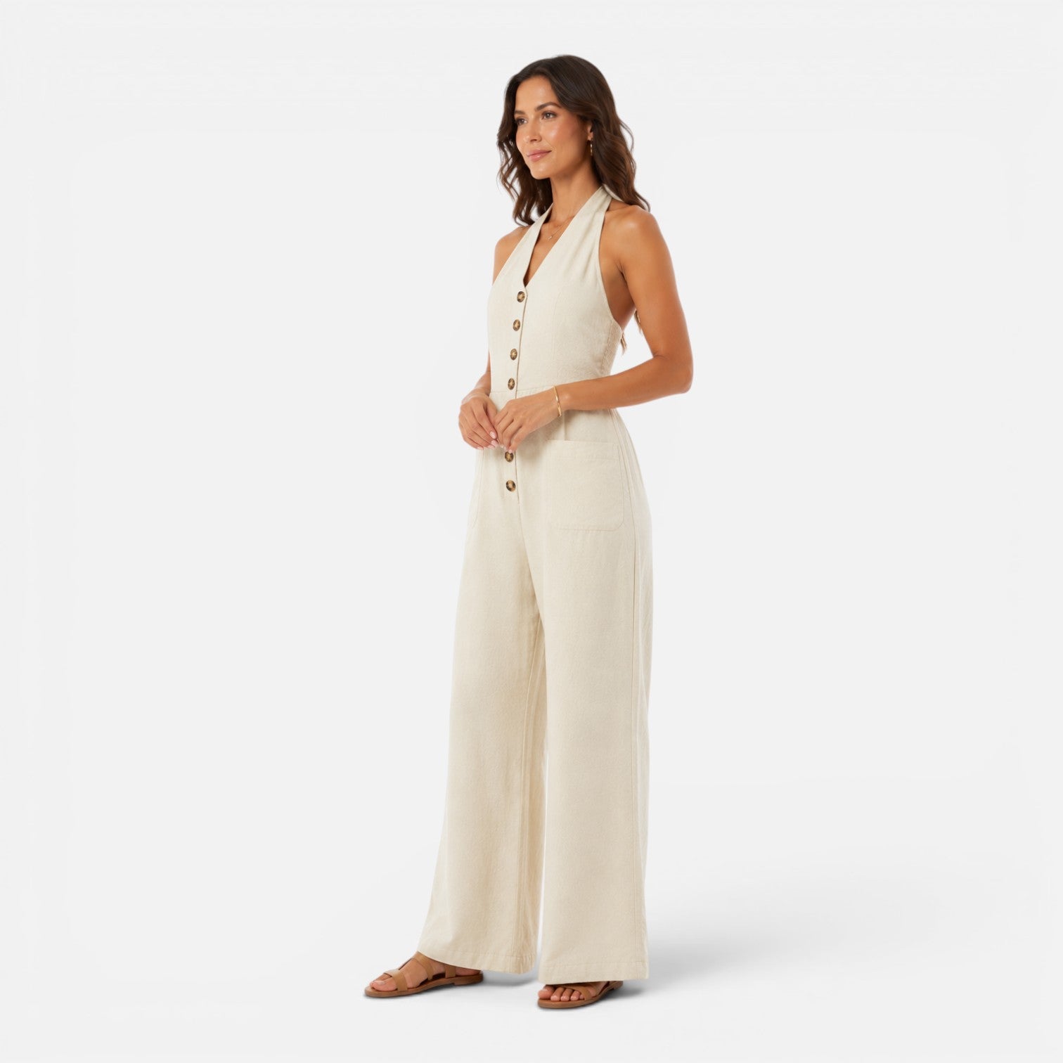 Felorro | Women’s Sleeveless Halter Neck Wide Leg Jumpsuit with Buttons