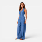Felorro | Women’s Sleeveless Denim Wide Leg Jumpsuit with Button Front
